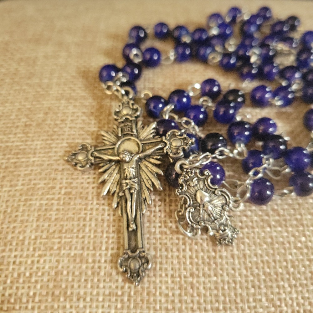 Purple Glass Bead Rosary Fatima 1917-2017 Silver Tone Crucifix 28 Inch Gothic